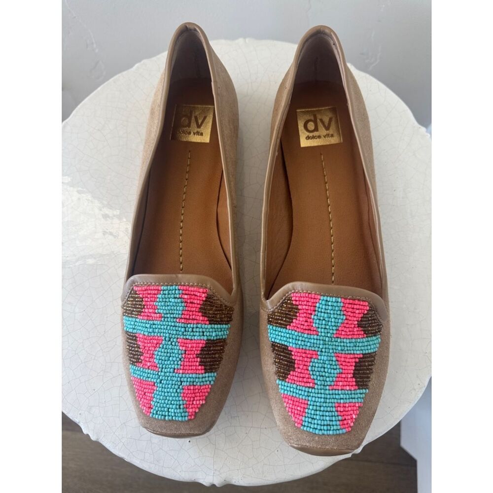 Dolce Vita Tan Suede Southwestern Beaded Turquoise Coral Colorful Loafers Size 9 - Picture 2 of 12